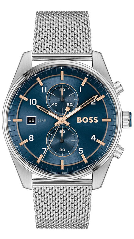 Hugo Boss Skytraveller Chronograph Blue Dial Silver Mesh Strap Watch for Men - 1514149 Buy Now By Hugo Boss