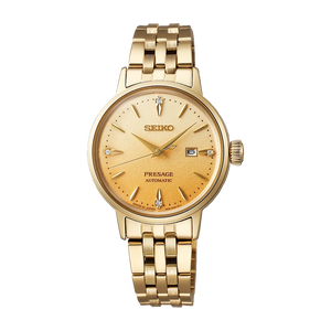 Seiko Presage Cocktail Time Automatic Diamonds Gold Dial Gold Steel Strap Watch for Women - SRE018J1 Authentic Buy Shop Now