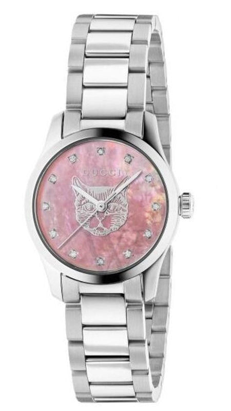 Gucci G Timeless Diamonds Pink Mother of Pearl Dial Silver Steel Strap Watch for Women - YA1265025 Authentic Buy Shop Now