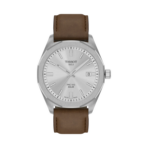 Tissot PRC 100 Solar Quartz Silver Dial Brown Leather Strap Watch for Men - T151.422.16.031.00 Authentic Buy Shop Now