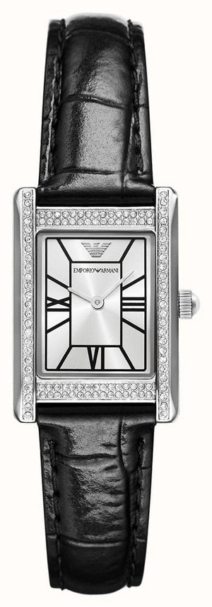 Emporio Armani Two Hand Crystals Silver Dial Black Leather Strap Watch for Women - AR11623 Buy Now By Emporio Armani