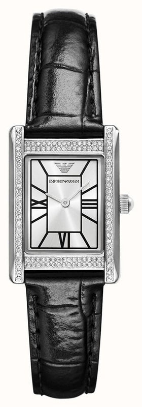 Emporio Armani Two Hand Crystals Silver Dial Black Leather Strap Watch for Women - AR11623 Buy Now By Emporio Armani