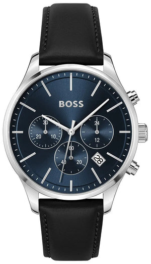 Hugo Boss Avery Chronograph Blue Dial Black Leather Strap Watch for Men - 1514156 Authentic Buy Shop Now