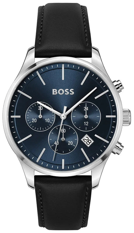 Hugo Boss Avery Chronograph Blue Dial Black Leather Strap Watch for Men - 1514156 Authentic Buy Shop Now