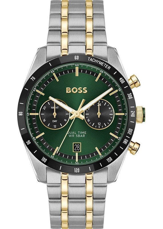 Hugo Boss Tourmaster Chronograph Green Dial Two Tone Steel Strap Watch for Men - 1514287 Authentic Buy Shop Now