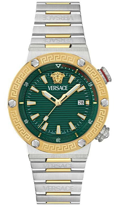 Versace Greca Logo Diver Quartz Green Dial Two Tone Steel Strap Watch for Men - VE8G00524 Buy Now By Versace