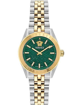 Versace V-Code Analog Green Dial Two Tone Steel Strap Watch for Women - VE8I00424 Buy Now By Versace