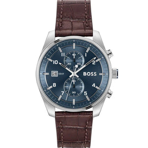 Hugo Boss Skytraveller Chronograph Blue Dial Brown Leather Strap Watch for Men - 1514194 Buy Now By Hugo Boss