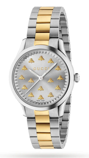 Gucci G Timeless 18K Gold Silver Dial Two Tone Steel Strap Watch for Women - YA1265032 Authentic Buy Shop Now