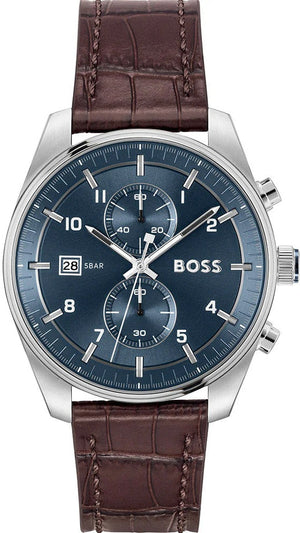 Hugo Boss Skytraveller Chronograph Blue Dial Brown Leather Strap Watch for Men - 1514194 Buy Now By Hugo Boss