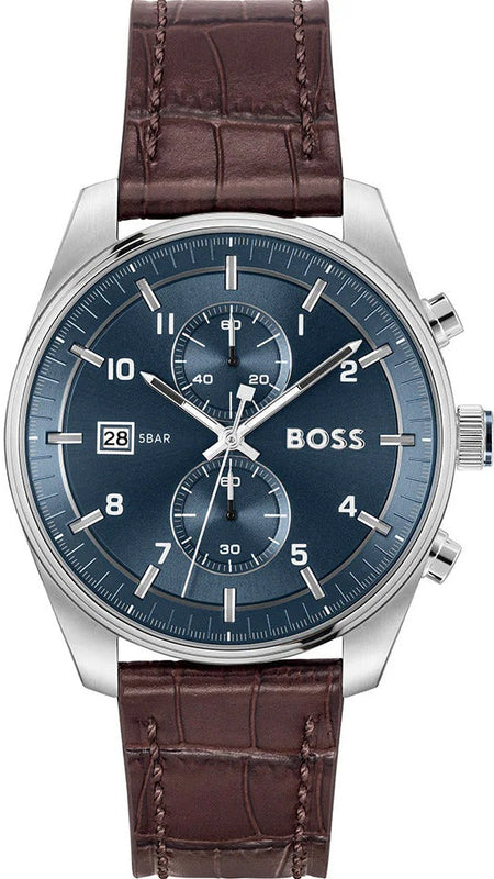 Hugo Boss Skytraveller Chronograph Blue Dial Brown Leather Strap Watch for Men - 1514194 Buy Now By Hugo Boss
