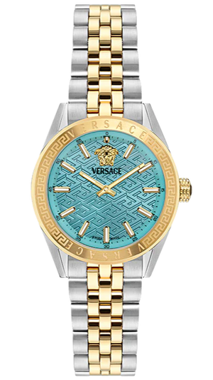 Versace V-Code Analog Turquoise Dial Two Tone Steel Strap Watch for Women - VE8I00524 Buy Now By Versace