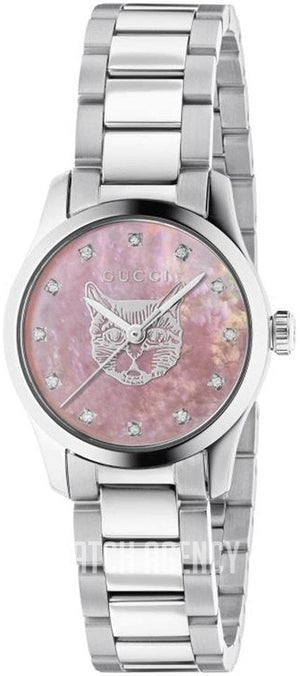 Gucci G Timeless Diamonds Pink Mother of Pearl Dial Silver Steel Strap Watch for Women - YA1265025 Authentic Buy Shop Now