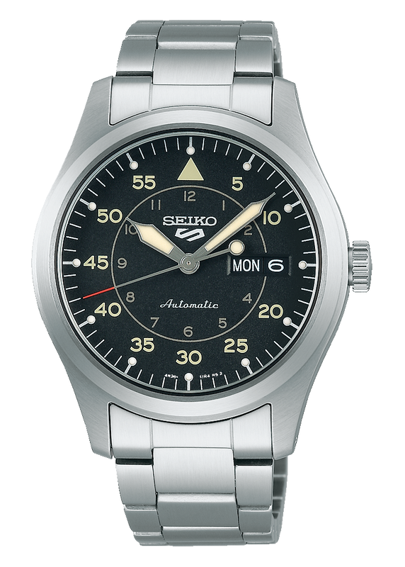 Seiko 5 Sports Flieger Automatic Black Dial Silver Steel Strap Watch for Men - SRPH27K1 Authentic Buy Shop Now