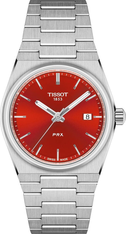 Tissot PRX Quartz Red Dial Silver Steel Strap Watch for Women - T137.210.11.421.00 Authentic Buy Shop Now