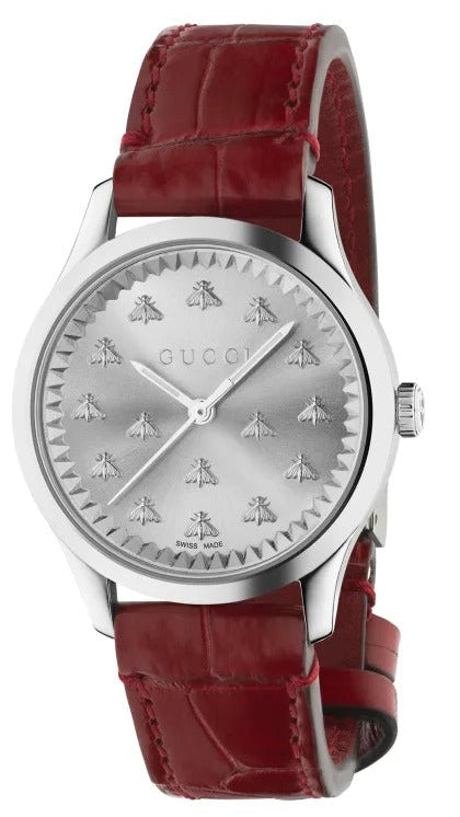 Gucci G Timeless Quartz Silver Dial Maroon Leather Strap Watch for Women - YA1265057 Authentic Buy Shop Now