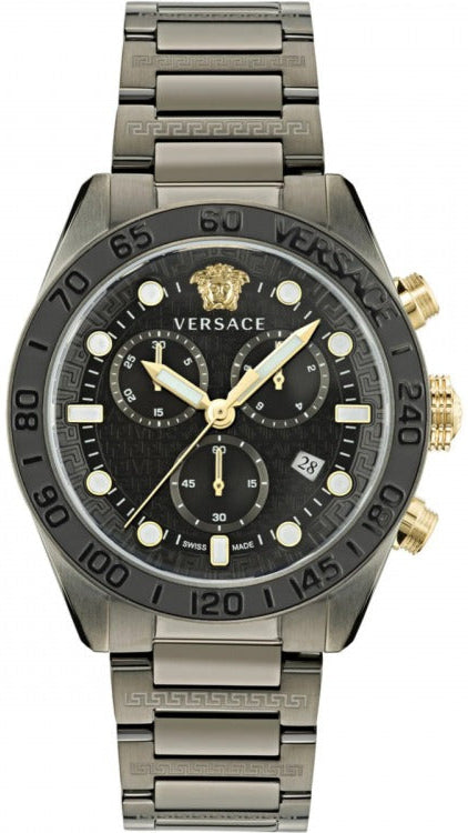 Versace Greca Dome Chronograph Black Dial Grey Steel Strap Watch for Men - VE6K00623 Buy Now By Versace