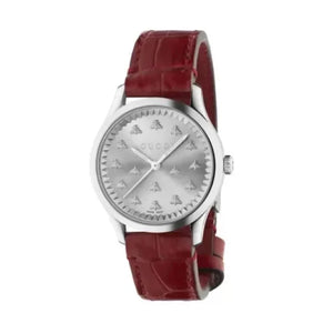 Gucci G Timeless Quartz Silver Dial Maroon Leather Strap Watch for Women - YA1265057 Authentic Buy Shop Now