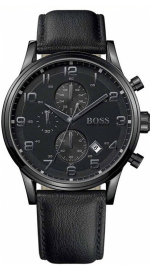 Hugo Boss Aeroliner Chronograph Black Dial Black Leather Strap Watch for Men - 1512567 Authentic Buy Shop Now