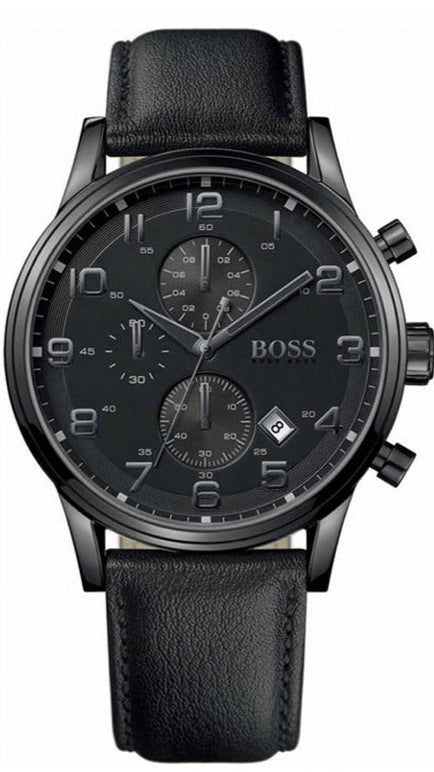 Hugo Boss Aeroliner Chronograph Black Dial Black Leather Strap Watch for Men - 1512567 Authentic Buy Shop Now