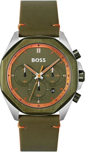 Hugo Boss Cloud Chronograph Olive Green Dial Green Leather Strap Watch for Men - 1514018 Authentic Buy Shop Now