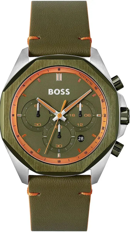 Hugo Boss Cloud Chronograph Olive Green Dial Green Leather Strap Watch for Men - 1514018 Authentic Buy Shop Now