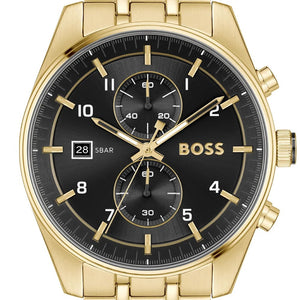 Hugo Boss Skytraveller Chronograph Black Dial Gold Steel Strap Watch for Men - 1514152 Buy Now By Hugo Boss
