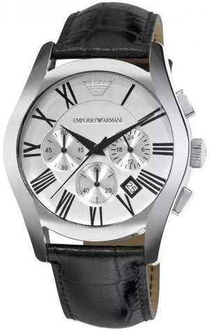 Emporio Armani Velente Silver Dial Black Leather Strap Watch for Women - AR0670 Authentic Buy Shop Now