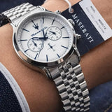 Maserati Epoca Chronograph White Dial Silver Steel Strap Watch for Men - R8873618034 Authentic Buy Shop Now