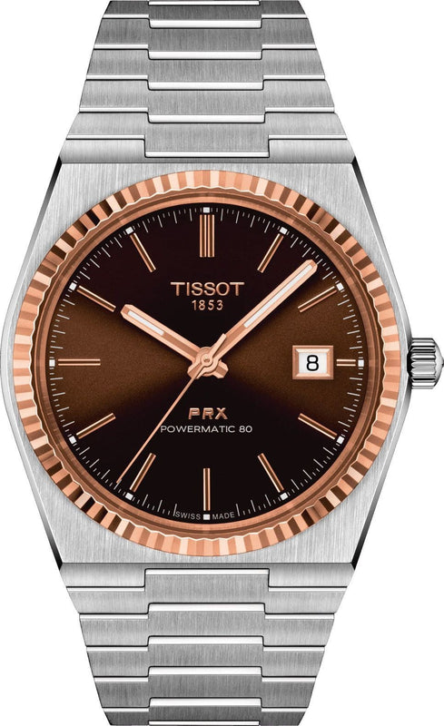 Tissot PRX Powermatic 80 18K Gold Brown Dial Silver Steel Strap Watch for Men - T931.407.41.291.00 Authentic Buy Shop Now