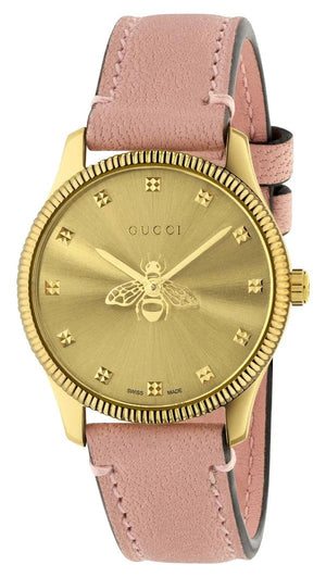 Gucci G Timeless Gold Dial Pink Leather Strap Watch for Women - YA1265041 Authentic Buy Shop Now