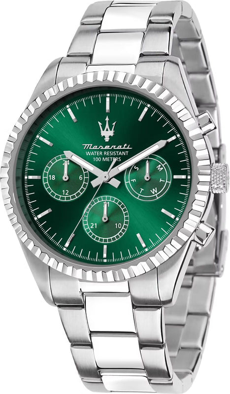 Maserati Competizione Chronograph Green Dial Silver Steel Strap Watch for Men - R8853100044 Authentic Buy Shop Now