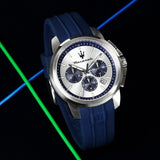 Maserati Successo Chronograph Silver Dial Blue Silicone Strap Watch for Men - R8871621042 Authentic Buy Shop Now