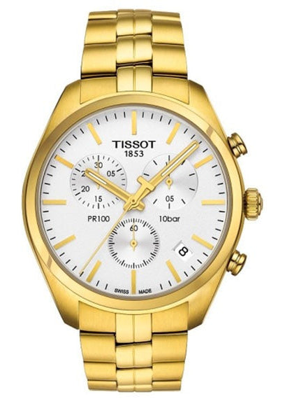 Tissot PR 100 Chronograph White Dial Gold Steel Strap Watch for Men - T150.417.33.031.00 Authentic Buy Shop Now