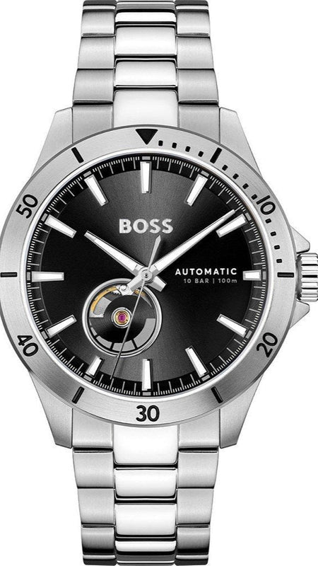 Hugo Boss Troper Chronograph Automatic Black Dial Silver Steel Strap Watch for Men - 1514202 Authentic Buy Shop Now