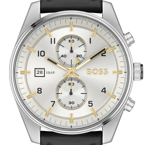 Hugo Boss Skytraveller Chronograph Silver Dial Black Leather Strap Watch for Men - 1514147 Buy Now By Hugo Boss