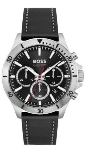 Hugo Boss Troper Chronograph Black Dial Black Leather Strap Watch for Men - 1514055 Authentic Buy Shop Now
