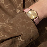 Gucci G Timeless Gold Dial Pink Leather Strap Watch for Women - YA1265041 Authentic Buy Shop Now