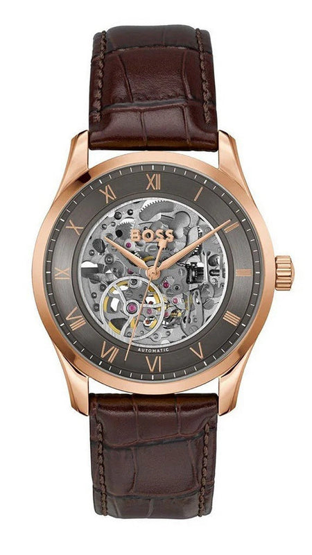 Hugo Boss Principle Skeleton Grey Dial Brown Leather Strap Watch for Men - 1514253 Authentic Buy Shop Now