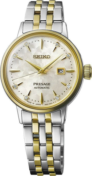Seiko Presage Cocktail Time Automatic Diamonds White Dial Two Tone Steel Strap Watch for Women - SRE010J1 Authentic Buy Shop Now