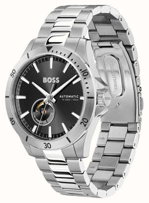 Hugo Boss Troper Chronograph Automatic Black Dial Silver Steel Strap Watch for Men - 1514202 Authentic Buy Shop Now