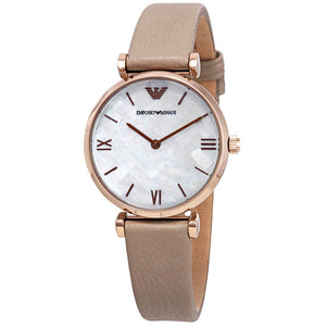 Emporio Armani Gianni T-Bar Silver Dial Beige Leather Strap Watch for Women - AR11111 Authentic Buy Shop Now