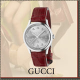Gucci G Timeless Quartz Silver Dial Maroon Leather Strap Watch for Women - YA1265057 Authentic Buy Shop Now