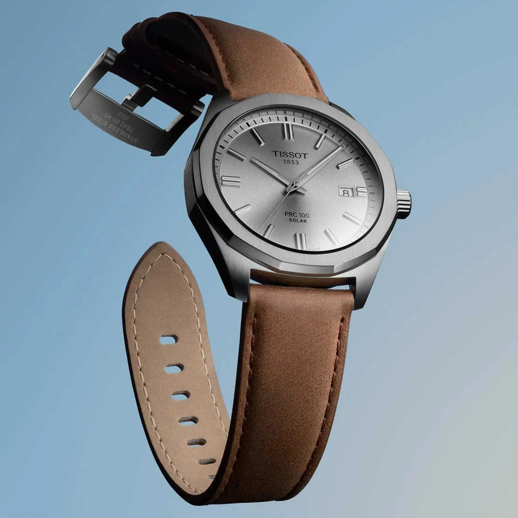 Tissot PRC 100 Solar Quartz Silver Dial Brown Leather Strap Watch for Men - T151.422.16.031.00 Authentic Buy Shop Now