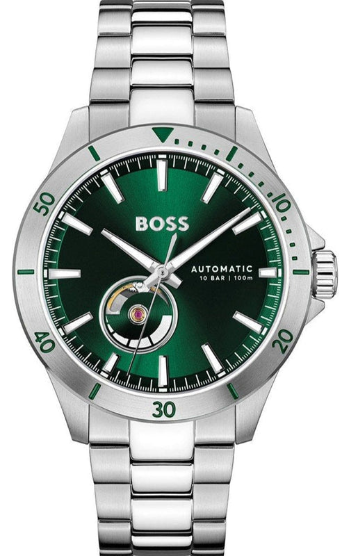 Hugo Boss Troper Automatic Chronograph Green Dial Silver Steel Strap Watch for Men - 1514200 Authentic Buy Shop Now
