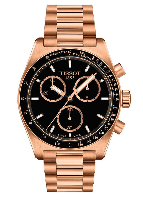 Tissot PRS 516 Chronograph Black Dial Rose Gold Steel Strap Watch for Men - T149.417.33.051.00 Authentic Buy Shop Now