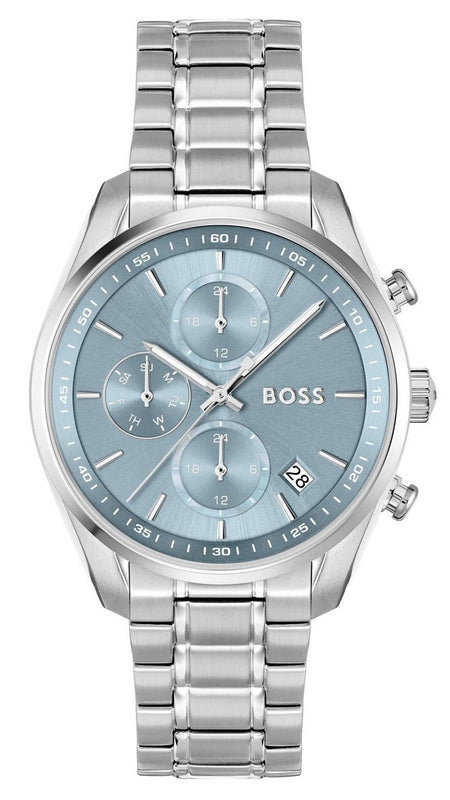 Hugo Boss Grand Tour Chronograph Ice Blue Dial Silver Steel Strap Watch for Women - 1502767 Authentic Buy Shop Now