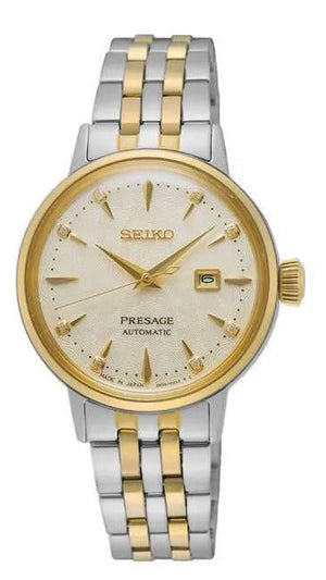 Seiko Presage Cocktail Time Automatic Diamonds White Dial Two Tone Steel Strap Watch for Women - SRE010J1 Authentic Buy Shop Now