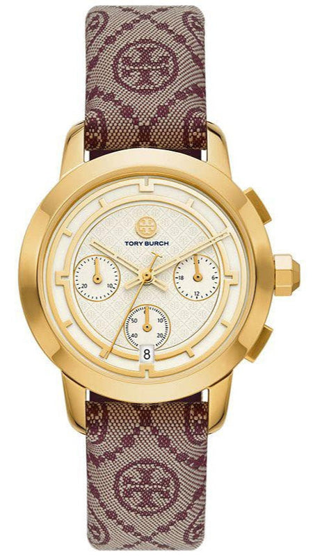 Tory Burch The Tory Chronograph White Dial Maroon Jacquard Strap Watch for Women - TBW1051 Buy Now By Tory Burch
