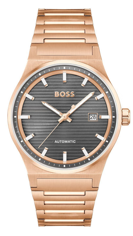 Hugo Boss Candor Automatic Grey Dial Rose Gold Steel Strap Watch for Men - 1514185 Authentic Buy Shop Now